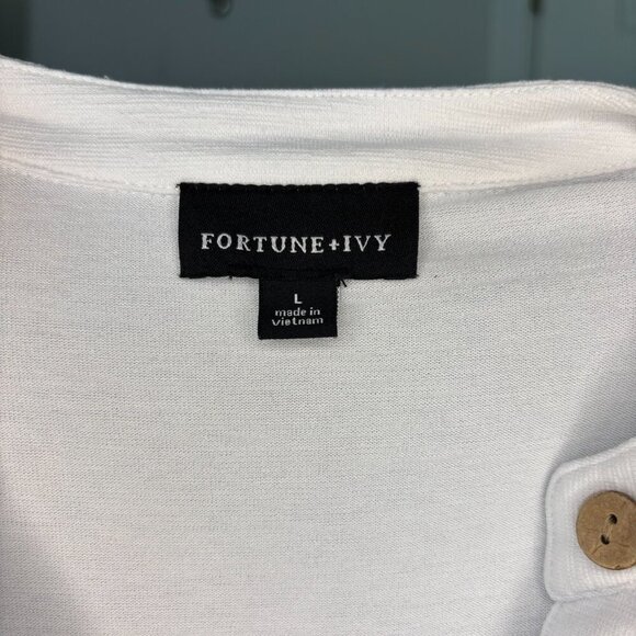 FORTUNE & IVY Short Sleeve Button Up Shirt Womens L White Tie Front Hi Lo - Picture 7 of 7